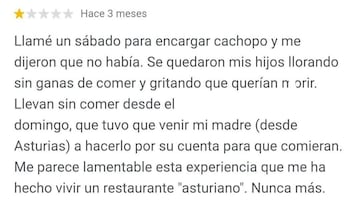 La reseña más surrealista de un restaurante “asturiano”: “Mis hijos gritando que querían morir”