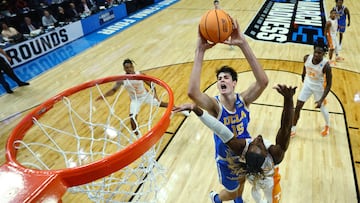 Aday Mara #15 of the UCLA Bruins takes a shot during the second half against the Tennessee Volunteersin the second round of the NCAA Men's Basketball Tournament at Rupp Arena on March 22, 2025 in Lexington, Kentucky.