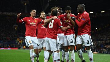 Manchester United&#039;s English striker Marcus Rashford (2nd R) celebrates with teammates after scoring their second goal during the UEFA Champions League Group A football match between Manchester United and CSKA Moscow at Old Trafford in Manchester, nor