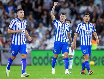 Monterrey�s  Brandon Vazquez (C) celebrates after scoring a goal during the 2024 Mexican Clausura tournament football match at the BBVA Bancomer stadium in Monterrey, Mexico, on January 24, 2024. (Photo by Julio Cesar AGUILAR / AFP)