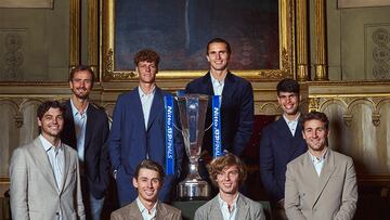 Taylor Fritz, Daniil Medvedev, Jannik Sinner, Alexander Zverev, Carlos Alcaraz, Casper Ruud, Alex de Miñaur y Andrey Rublev, en Turín.