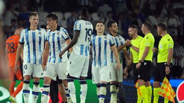 Real Sociedad players react at the end of the UEFA Champions League 1st round day 1 group D football match between Real Sociedad and Inter Milan at the Reale Arena stadium in San Sebastian on September 20, 2023. (Photo by CESAR MANSO / AFP)