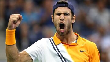 NEW YORK, NY - AUGUST 31: Karen Khachanov of Russia celebrates a point during his men's singles third round match against Rafael Nadal of Spain on Day Five of the 2018 US Open at the USTA Billie Jean King National Tennis Center on August 31, 2018 in