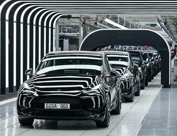 Model Y cars during the opening ceremony of the new Tesla Gigafactory in Gruenheide, Germany.