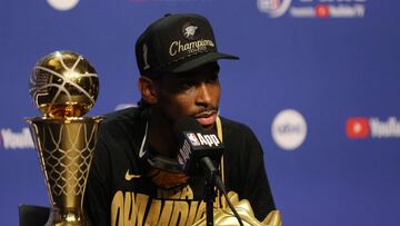 OKLAHOMA CITY, OKLAHOMA - JUNE 22: Shai Gilgeous-Alexander #2 of the Oklahoma City Thunder speaks to the press after defeating the Indiana Pacers 103-91 in Game Seven of the 2025 NBA Finals at Paycom Center on June 22, 2025 in Oklahoma City, Oklahoma. NOTE TO USER: User expressly acknowledges and agrees that, by downloading and or using this photograph, User is consenting to the terms and conditions of the Getty Images License Agreement. Justin Ford/Getty Images/AFP (Photo by Justin Ford / GETTY IMAGES NORTH AMERICA / Getty Images via AFP)