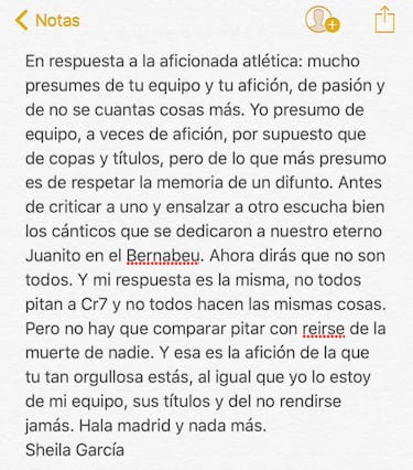 Una aficionada madridista replica a la atlética que criticó el tifo