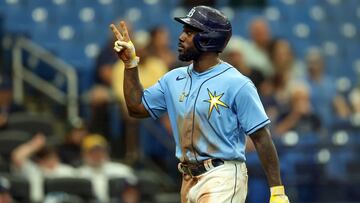 ST. PETERSBURG, FL - APRIL 9: Randy Arozarena #56 of the Tampa Bay Rays gestures to fans after scoring against the Oakland Athletics during the sixth inning a baseball game at Tropicana Field on April 9, 2023 in St. Petersburg, Florida.   Mike Carlson/Getty Images/AFP (Photo by Mike Carlson / GETTY IMAGES NORTH AMERICA / Getty Images via AFP)