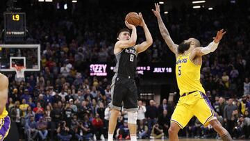 Dec 27, 2018; Sacramento, CA, USA; Sacramento Kings guard Bogdan Bogdanovic (8) shoots the ball over Los Angeles Lakers center Tyson Chandler (5) in the fourth quarter at Golden 1 Center. Mandatory Credit: Cary Edmondson-USA TODAY Sports