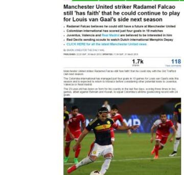 El Daily Mail destac&oacute; la actuaci&oacute;n de Falcao con Colombia y la posibilidad de que el delantero siga en el Manchester United.