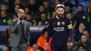 Britain Football Soccer - Manchester City v FC Barcelona - UEFA Champions League Group Stage - Group C - Etihad Stadium, Manchester, England - 1/11/16
 Manchester City manager Pep Guardiola and Barcelona&#039;s Lionel Messi
 Action Images via Reuters / Ja