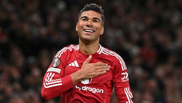 Manchester United's Brazilian midfielder #18 Casemiro celebrates after scoring Manchester United's second goal during the UEFA Europa League semi final second leg football match between Manchester United and Athletic Club Bilbao at Old Trafford stadium in Manchester, north west England, on May 8, 2025. (Photo by Oli SCARFF / AFP)