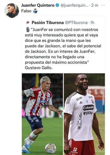 Juanfer Quintero desmiente que quiera llevar a Jackson a Junior