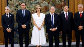 Newly appointed Spanish Minister for Home Affairs Fernando Grande-Marlaska, Minister for Transport and Sustainable Mobility Oscar Puente, Minister for Education, Vocational Training and Sport; and Government Spokesperson Pilar Alegria, Minister for Industry and Tourism Jordi Hereu, Minister for Agriculture, Fisheries and Food Luis Planas and Minister for Territorial Policy and Democratic Memory Angel Victor Torres stands during the ceremony to take the oath of office next to Spain's King Felipe (not pictured) and Prime Minister Pedro Sanchez (not pictured) during a ceremony at Zarzuela Palace in Madrid, Spain, November 21, 2023. Chema Moya/Pool via REUTERS