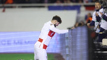 Croatia's defender #04 Josko Gvardiol reacts after scoring Croatia's first goal during the UEFA Nations League, League A - Group A1 football match between Croatia and Portugal at the Poljud Stadium in Split, on November 18, 2024. (Photo by Damir SENCAR / AFP)