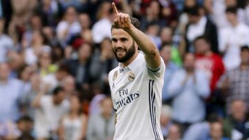 Nacho celebra su gol, primero del Madrid ante el Sevilla.