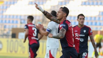 Gianluca Lapadula (Cagliari )jubilates after gol 2-2 &amp;#xA; during the Italian Cup 2022-23  Match of Cagliari Calcio Vs Perugia on 5 August 2022 at the Unipol Domus Stadium, Cagliari, Italy &amp;#xA;&amp;#xA;&amp;#xA; (Photo by Fabio Murru/LiveMedia/NurPhoto via Getty Images)