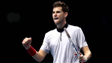 LONDON, ENGLAND - NOVEMBER 15:  Dominic Thiem of Austria celebrates match point after he wins his round robin match against Kei Nishikori of Japan during Day Five of the Nitto ATP Finals at The O2 Arena on November 15, 2018 in London, England.  (Photo by Julian Finney/Getty Images)