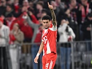 06 March 2026, Bavaria, Munich: Soccer, Men: Bundesliga, Bayern Munich - Bor. Mönchengladbach, Matchday 25, Allianz Arena, Luis Diaz (Bayern Munich) celebrates after scoring to make it 1-0. IMPORTANT NOTE: In accordance with the regulations of the DFL German Football League and the DFB German Football Association, it is prohibited to use or have used photographs taken in the stadium and/or of the match in the form of sequential images and/or video-like photo series. Photo: Harry Langer/dpa (Photo by Harry Langer/picture alliance via Getty Images)