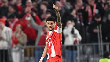 06 March 2026, Bavaria, Munich: Soccer, Men: Bundesliga, Bayern Munich - Bor. Mönchengladbach, Matchday 25, Allianz Arena, Luis Diaz (Bayern Munich) celebrates after scoring to make it 1-0. IMPORTANT NOTE: In accordance with the regulations of the DFL German Football League and the DFB German Football Association, it is prohibited to use or have used photographs taken in the stadium and/or of the match in the form of sequential images and/or video-like photo series. Photo: Harry Langer/dpa (Photo by Harry Langer/picture alliance via Getty Images)