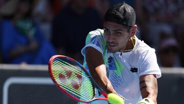 Alejandro Tabilo of Chile hits a return against Arthur Fils of France during their men's singles semi-final match during the Auckland Classic tennis tournament in Auckland on January 12, 2024. (Photo by MICHAEL BRADLEY / AFP)