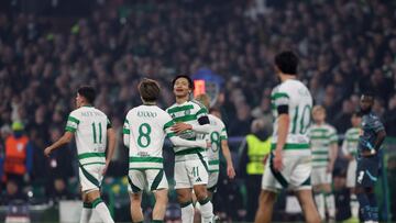 Soccer Football - Champions League - Celtic v RB Leipzig - Celtic Park, Glasgow, Scotland, Britain - November 5, 2024 Celtic's Reo Hatate celebrates scoring their third goal with Celtic's Kyogo Furuhashi REUTERS/Russell Cheyne