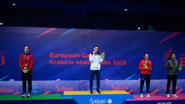 Tarnow (Poland), 02/07/2023.- (L-R) Silver medalist Mia Blichfeldt of Denmark, winners Carolina Marin of Spain, bronze medalists Kirsty Gilmour of UK and Jenjira Stadelmann of Switzerland during the medal ceremony the Badminton - Women's Singles at the 3rd European Games Krakow-Malopolska 2023, in Tarnow, Poland, 02 July 2023. (Dinamarca, Polonia, España, Suiza, Cracovia) EFE/EPA/Pawel Topolski POLAND OUT
