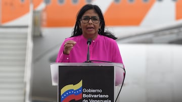 MAIQUETIA, VENEZUELA - FEBRUARY 13: Vice President of Venezuela Delcy Rodriguez addresses the media as the first batch of 100,000 doses of coronavirus vaccines arrives at Simon Bolivar International Airport on February 13, 2021 in Maiquetia, Venezuela. This batch of the Sputnik V vaccine (Gam-Covid-Vac) is part of a batch of 10 million doses. The Minister of Health has announced the first to receive the vaccine will be frontline health workers treating COVID-19 patients. (Photo by Carolina Cabral/Getty Images)