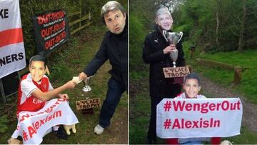Protesta de los aficionados del Arsenal contra Wenger parodiando a Alexis y Conte.