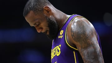 LOS ANGELES, CALIFORNIA - MARCH 22: LeBron James #23 of the Los Angeles Lakers looks on during the first half of a game against the Philadelphia 76ers at Crypto.com Arena on March 22, 2024 in Los Angeles, California. NOTE TO USER: User expressly acknowledges and agrees that, by downloading and/or using this photograph, user is consenting to the terms and conditions of the Getty Images License Agreement.   Sean M. Haffey/Getty Images/AFP (Photo by Sean M. Haffey / GETTY IMAGES NORTH AMERICA / Getty Images via AFP)