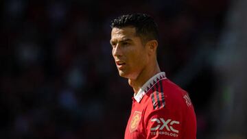 MANCHESTER, ENGLAND - JULY 31:    Cristiano Ronaldo of Manchester United looks on during the pre-season friendly match between Manchester United and Rayo Vallecano at Old Trafford on July 31, 2022 in Manchester, England. (Photo by Ash Donelon/Manchester United via Getty Images)