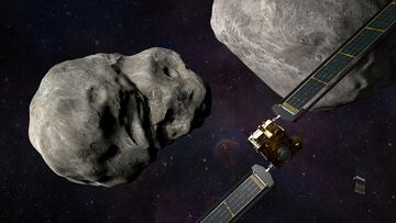 An illustration of NASA’s DART spacecraft and the Italian Space Agency’s (ASI) LICIACube prior to impact at the Didymos binary system.