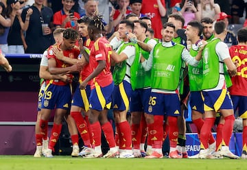 Espectacular estreno de Lamine Yamal a nivel goleador en una Eurocopa con apenas 16 años. Recibió un balón, encaró a Rabiot, ante el que se sacó un golazo espectacular, con un disparo que se coló por la mismísima escuadra.