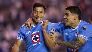 Angel Sepulveda celebrates his goal 3-0 with Gabriel Fernandez of Cruz Azul during the Quarter final second leg match between Cruz Azul and Tijuana as part of the Liga BBVA MX, Torneo Apertura 2024 at Ciudad de los Deportes Stadium on November 30, 2024 in Mexico City, Mexico.