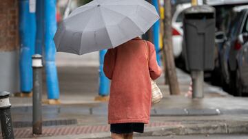 Una mujer pasea por una calle con un paraguas, a 21 de mayo de 2023, en Madrid (Espa?a). La Agencia Estatal de Metereolog¨ªa (Aemet) ha activado el aviso por tormentas, precipitaciones y los fen¨®menos costeros en ocho provincias por la entrada de una DANA (Depresi¨®n Aislada en Niveles Altos) que dejar¨¢ inestabilidad atmosf¨¦rica hasta finales del mes de mayo.
21 MAYO 2023;TORMENTA;LLUVIA;PRECIPITACIONES;CAMBIO CLIM?TICO;
Diego Radam¨¦s / Europa Press
21/05/2023
