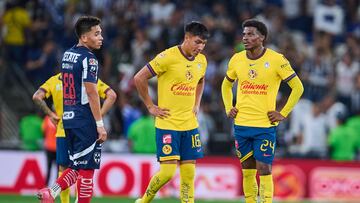 Joaquin Moxica (L) of Monterrey, Diego Arriaga and Javairo Dilrosun of America during the 16th round match between Monterrey and America as part of the Liga BBVA MX, Torneo Clausura 2025 at BBVA Bancomer Stadium, on April 16, 2025 in Monterrey, Nuevo Leon, Mexico.