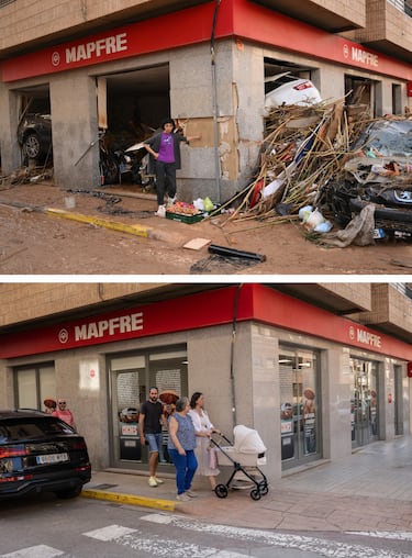 Imagen superior: Una mujer se encuentra cerca de un edificio dañado por escombros y autos flotantes después de que las inundaciones en el municipio de Paiporta. Imagen inferior: Una familia pasa junto a la oficina de una compañía de seguros en Paiporta. 