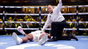 Boxing - Antony Joshua v Francis Ngannou - Kingdom Arena, Riyadh, Saudi Arabia - March 9, 2024 Francis Ngannou receives medical attention after being knock down by Antony Joshua REUTERS/Andrew Couldridge