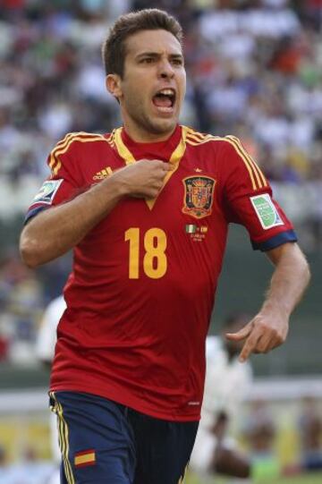 El centrocampista español Jordi Alba celebra el gol conseguido ante Nigeria