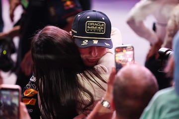 Dutch Formula One driver Max Verstappen of Red Bull Racing celebrates with his girlfriend Kelly Piquet
