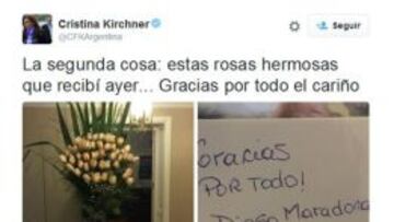 La ex presidenta de Argentina, Cristina Fernández de Kirchner, agradece en Twitter a Diego Armando Maradona que le enviase un ramo de flores tras dejar la presidencia del país.