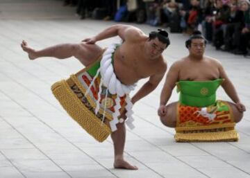 Los dos luchadores que compiten bajo los nombres de Yokozuna Kakuryu y Harumafuji son originarios de Mongolia. La ceremonia de ingreso al ring en la que se hace una ofrenda a los dioses sintoístas dura dos minutos.