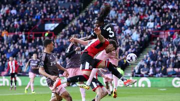 SHEFFIELD, ENGLAND - MARCH 30: Ben Brereton Diaz of Sheffield United scores his team's third goal during the Premier League match between Sheffield United