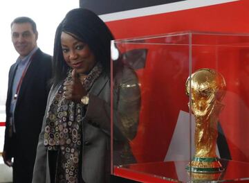 FIFA Secretary General Fatma Samoura pictured next to the World Cup in the final leg of the trophy tour at the State Kremlin Palace in Moscow