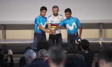 Mikel Landa, Alejandro Valverde y Nairo Quintana durante la presentación. 
 