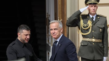 Ukraine's President Volodymyr Zelenskiy shakes hands with Canada's Prime Minister Mark Carney, amid Russia's attack on Ukraine, in Kyiv, Ukraine August 24, 2025. REUTERS/Gleb Garanich