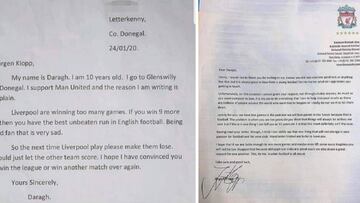 Las cartas que se enviaron Daragh y el entrenador del Liverpool, Jürgen Klopp.