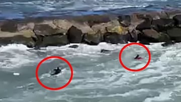 Cooper Lysinger remando para salvar a un pescador en el espigón en Nueva Jersey.