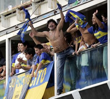 Diego Armando Maradona supporting Boca Juniors at La Bombonera.