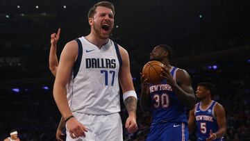 NEW YORK, NEW YORK - NOVEMBER 14: Luka Doncic #77 of the Dallas Mavericks in action against the New York Knicks at Madison Square Garden on November 14, 2019 in New York City. New York Knicks defeated the Dallas Mavericks 106-103. NOTE TO USER: User expressly acknowledges and agrees that, by downloading and or using this photograph, User is consenting to the terms and conditions of the Getty Images License Agreement. Mandatory Copyright Notice: Copyright 2019 NBAE (Photo by Mike Stobe/Getty Images)