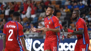 Panama's forward Ismael Diaz (C) celebrates scoring his team's second goal during the Concacaf 2023 Gold Cup Group C football match between Panama and El Salvador at Shell Energy Stadium, Houston, Texas on July 4, 2023. (Photo by Mark Felix / AFP)